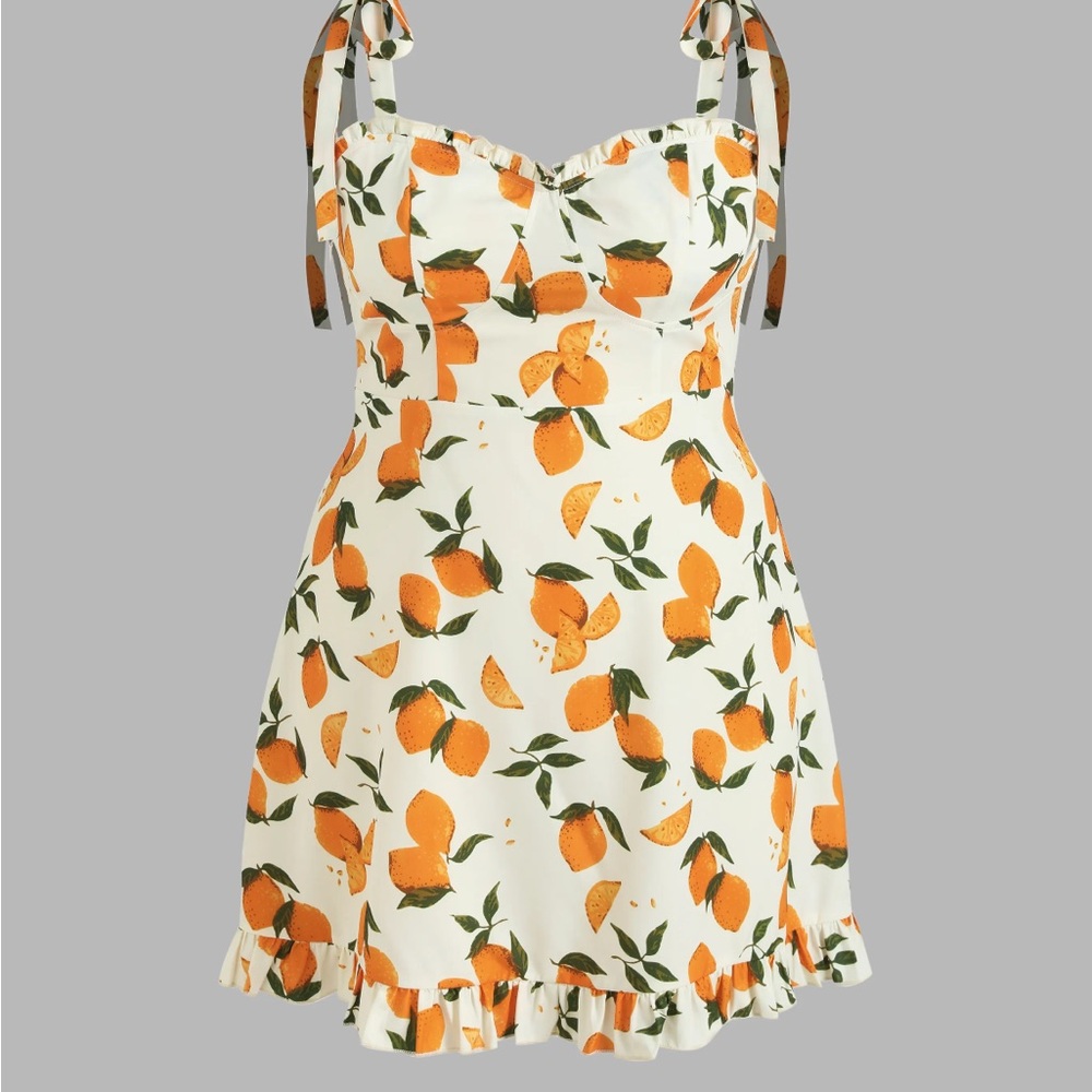 LEMON PRINT RUFFLE HEM TIE SHOULDER MINI DRESS